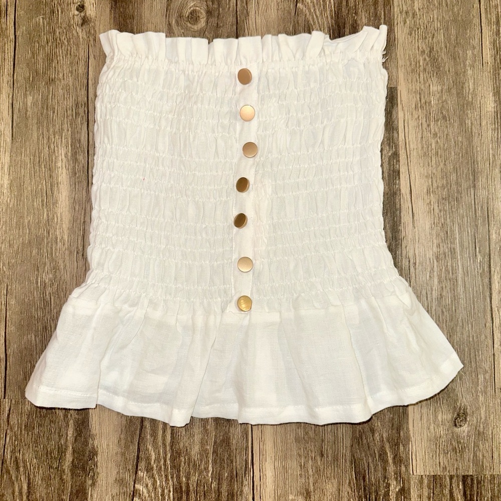 Olivaceous White Smocked Strapless Top with Gold Buttons-NWT